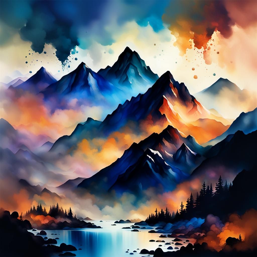 Majestic Mountain Range at Sunset with Ink Textures