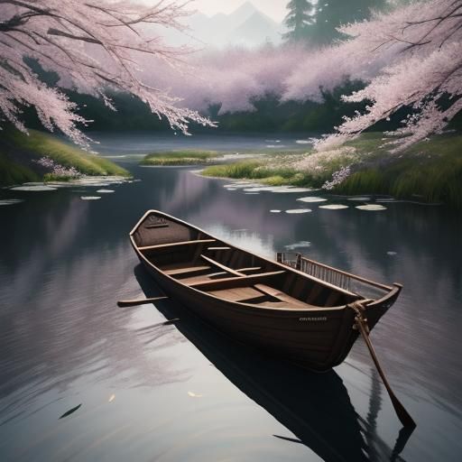 Serene Japanese River Scene with Blossoms in Watercolor