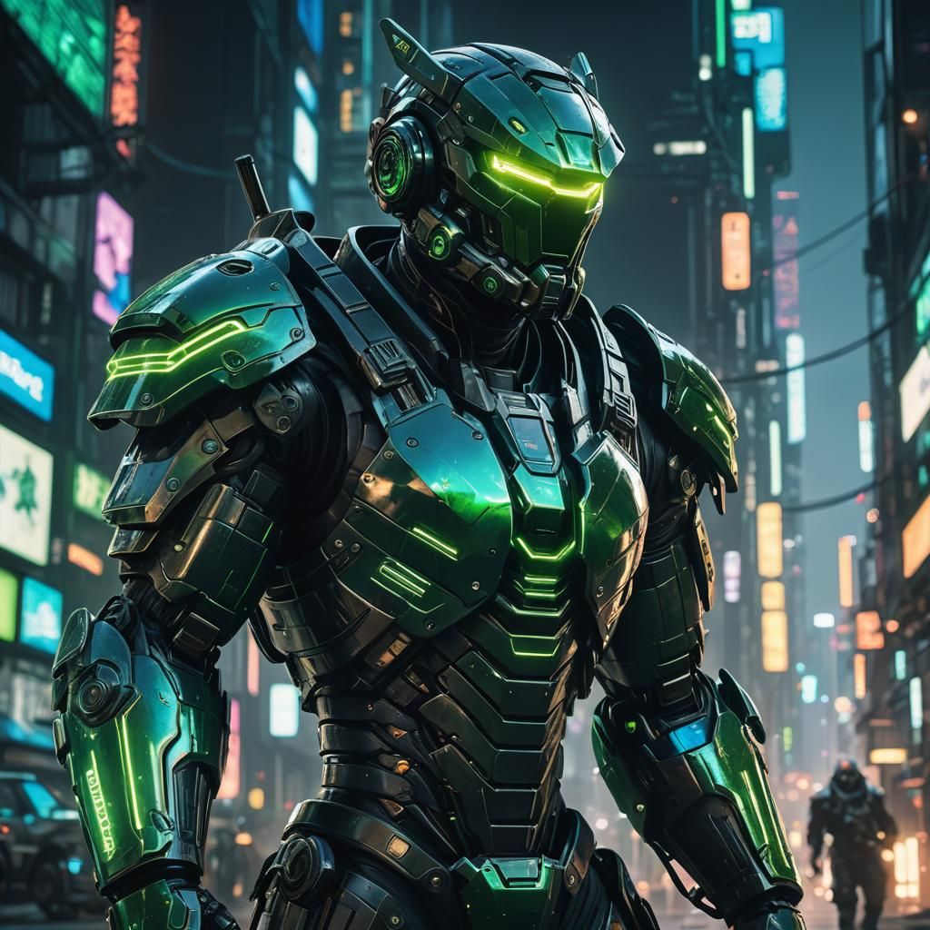 Cyberpunk Armored Warrior with Neon Cityscape Reflection