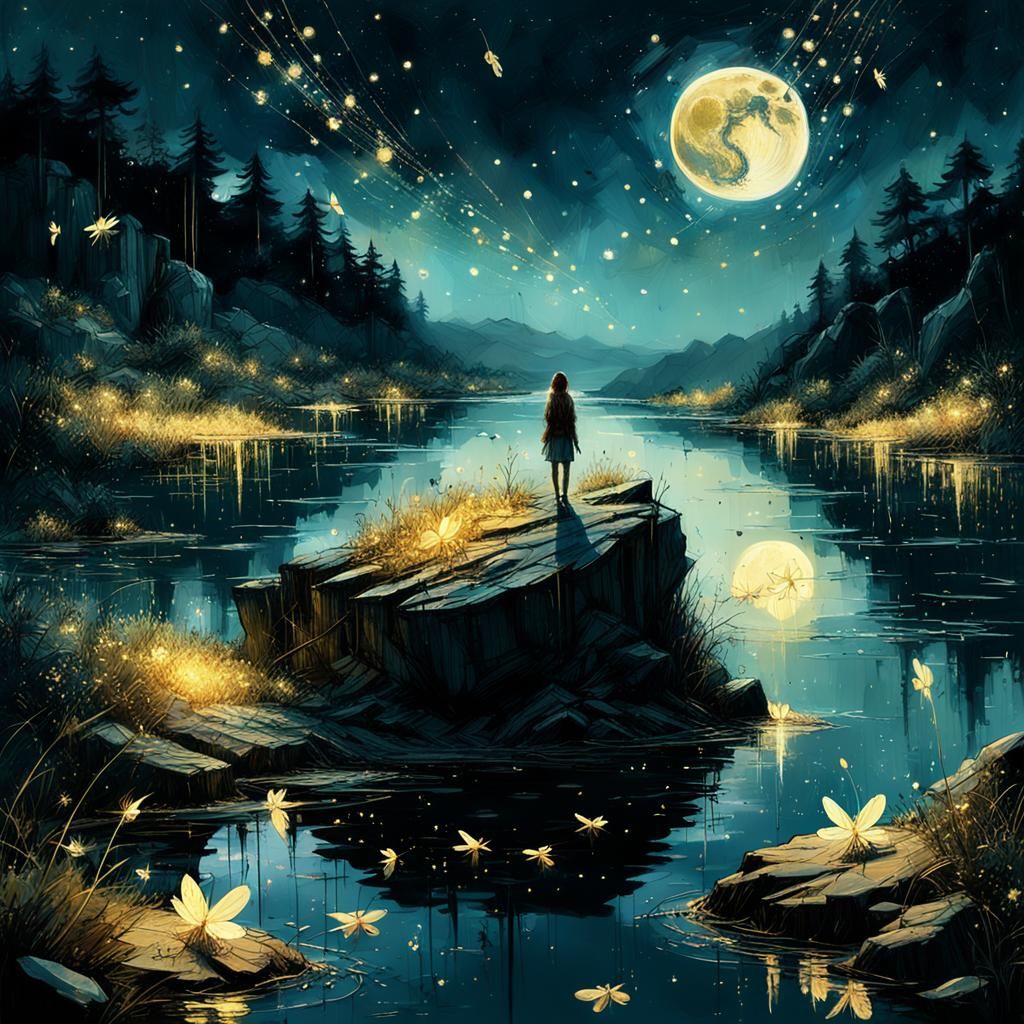 Magical Fireflies at Moonlight, Digital Art