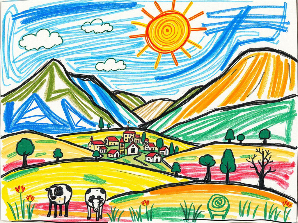 Naive Landscape as Child's Crayon Drawing