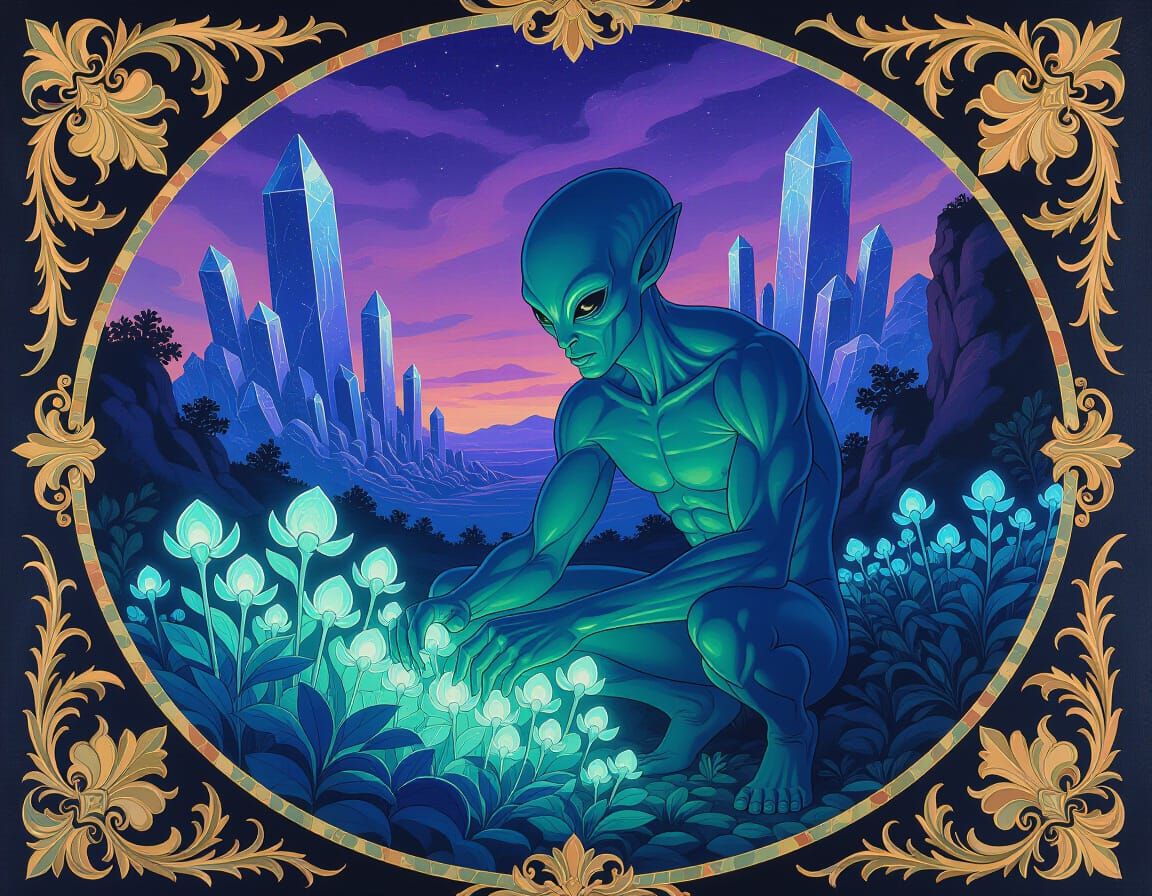 Muscular Alien Botanist Tends Glowing Garden Under Nebula Sk...