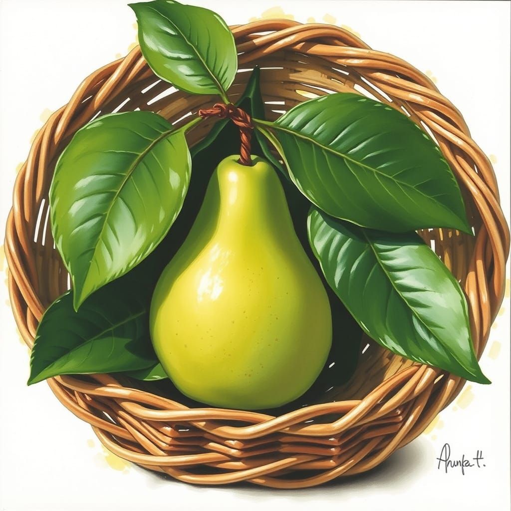 Vibrant Green Pear in Gouache Still Life