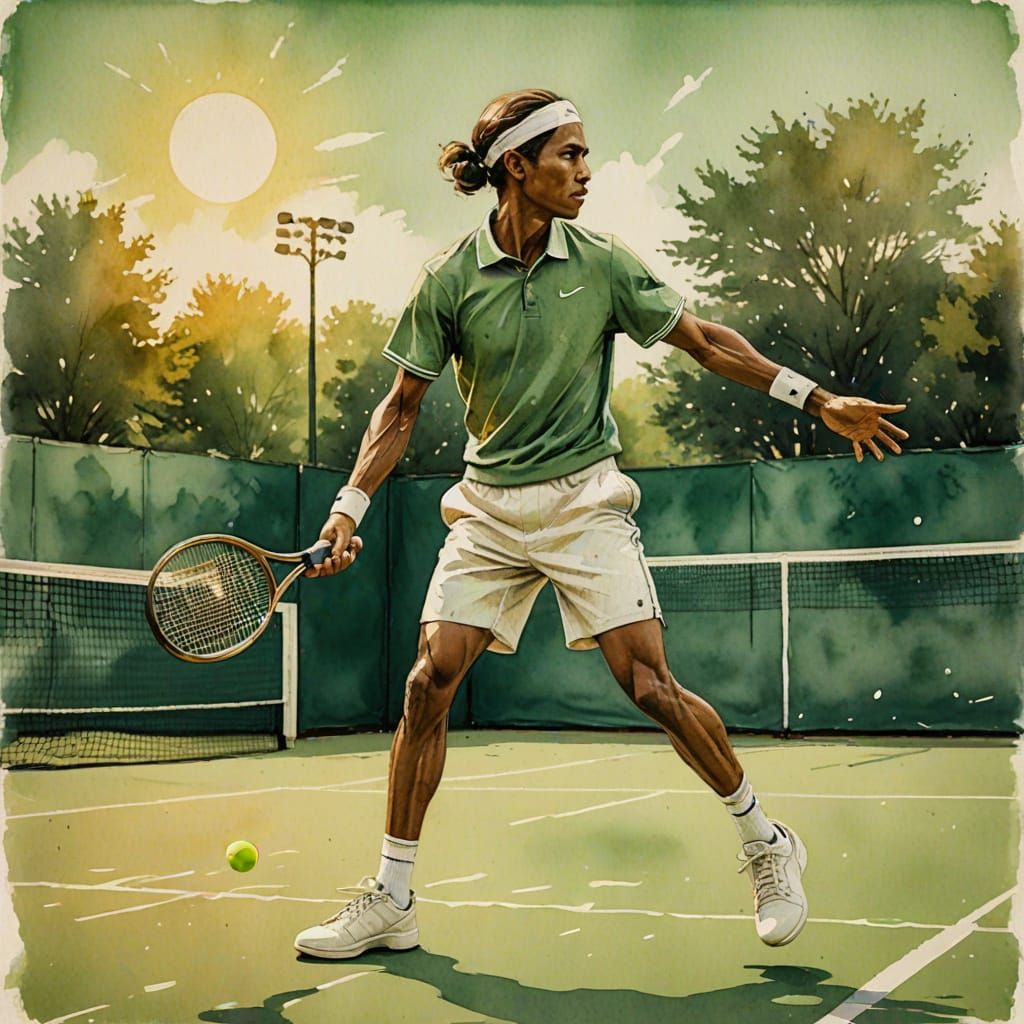 Vintage Tennis Scene in Classic Ink Drawing Style