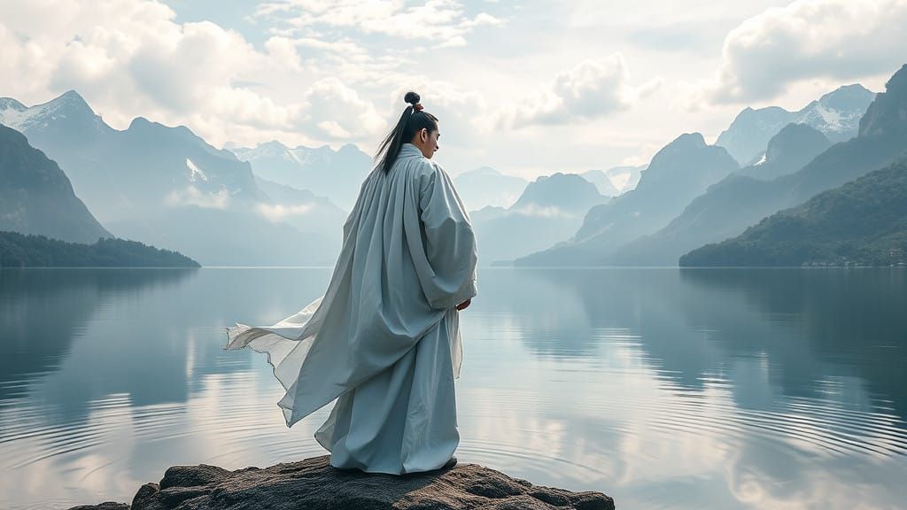 Ethereal Hero Standing at Serene Chinese Lake