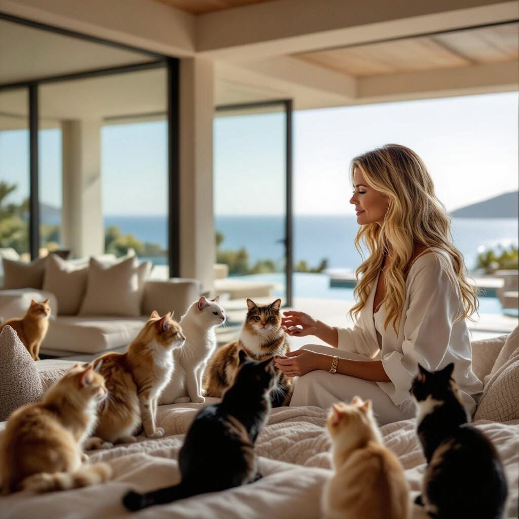 Luxurious Woman With Rescued Cats at Seaside Villa