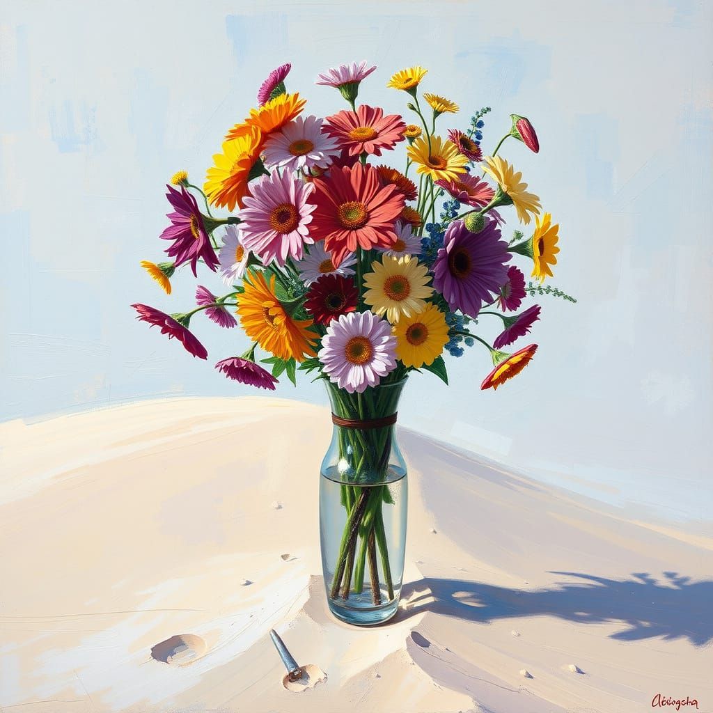 Colorful Flowers in Vase on Dunes, Impressionist Style