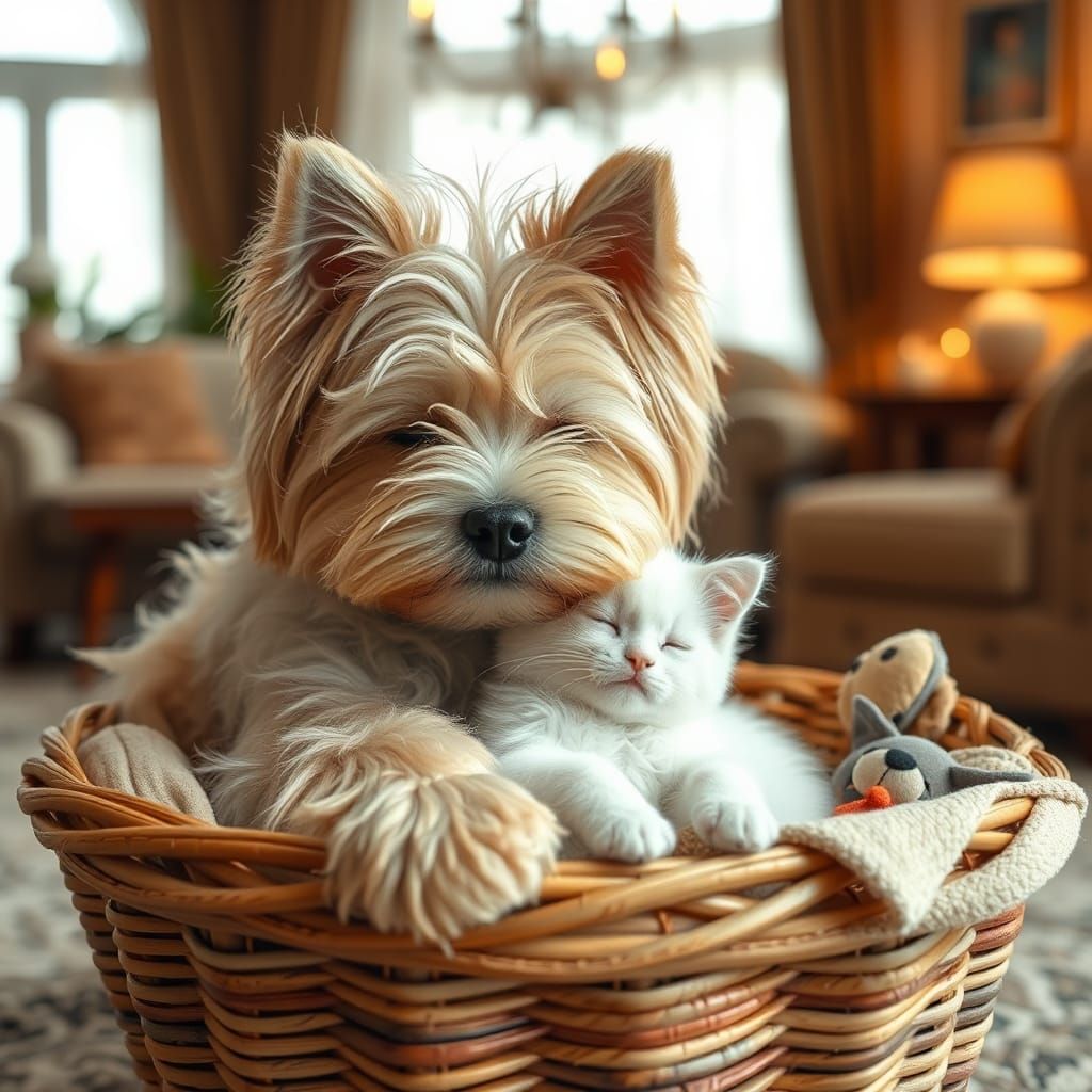 Cute Tibetan Terrier and Kitten in Cozy Basket