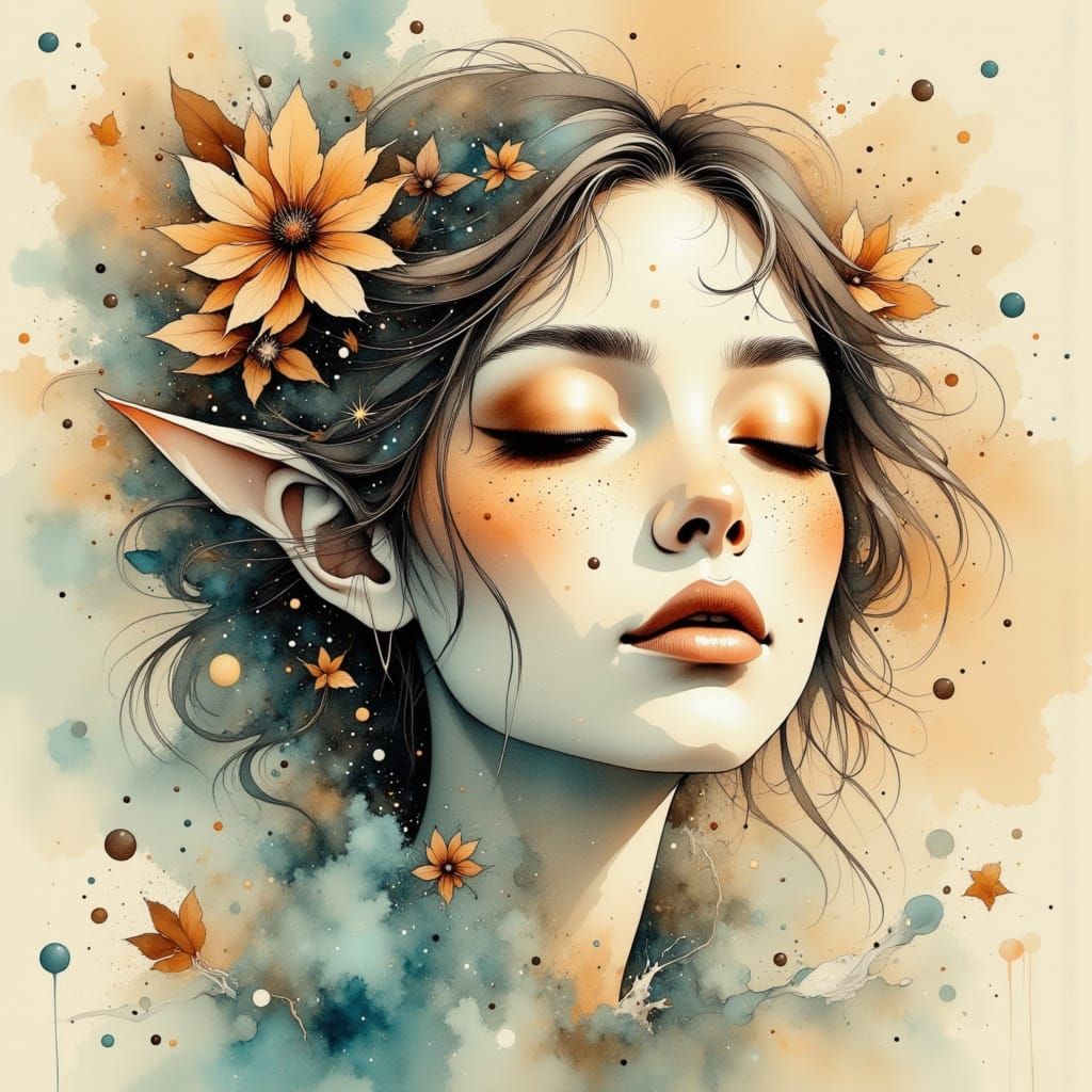 Serene Woman Singing Lullaby in Dreamy Watercolor Style