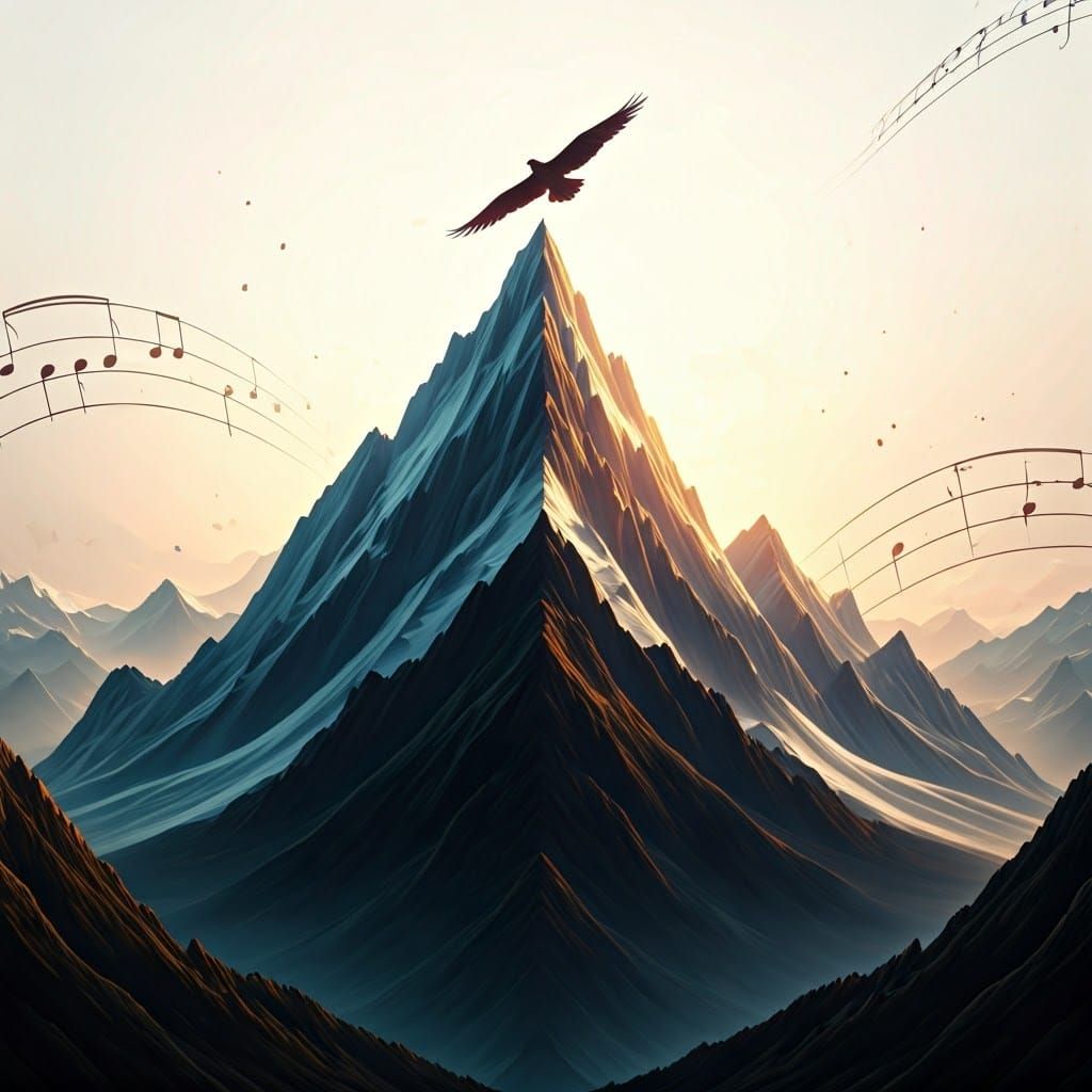 Mountain Bird Sunrise in Surreal Digital Art Style
