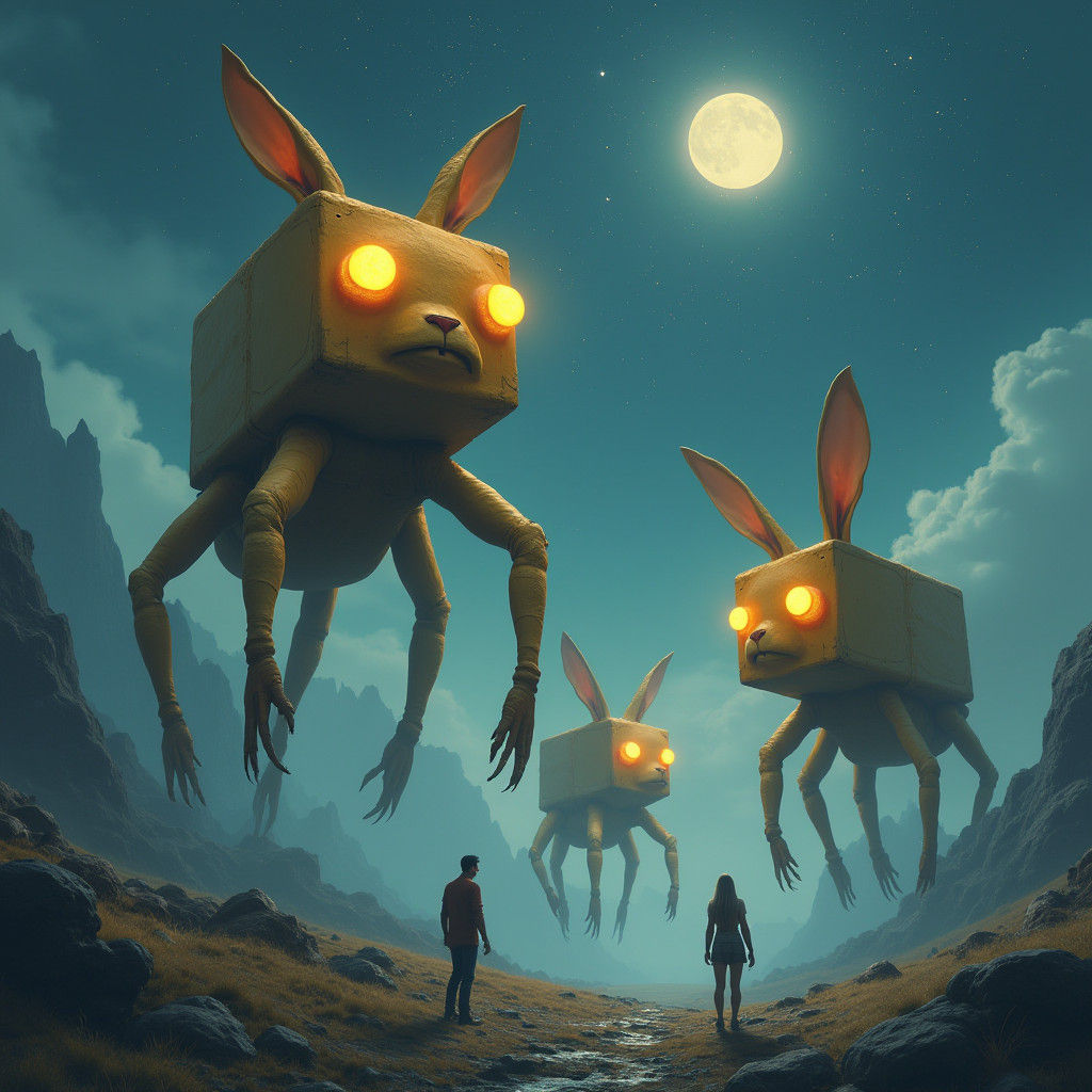 Gigantic Creatures Roam Misty Mountains Under Starry Sky