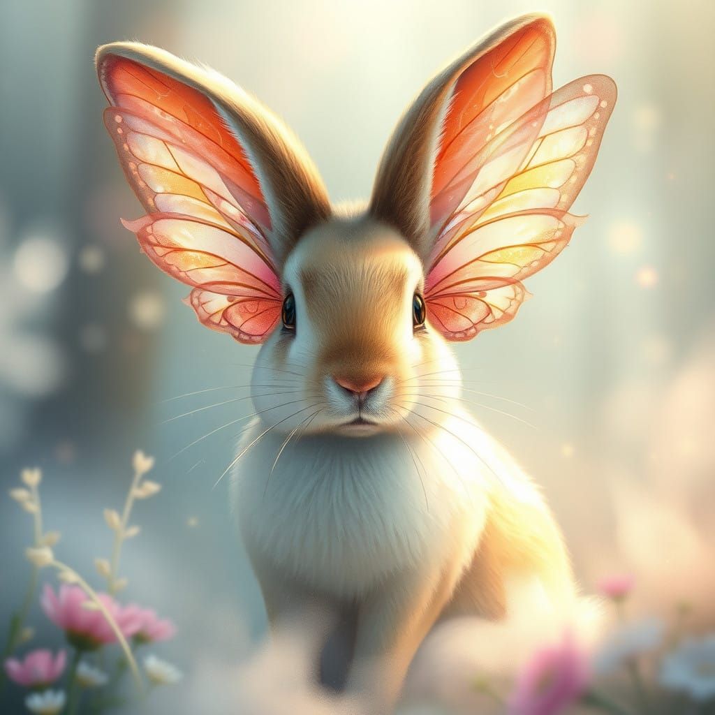 Whimsical Rabbit with Delicate Fairy Wings in Dreamy Landsca...