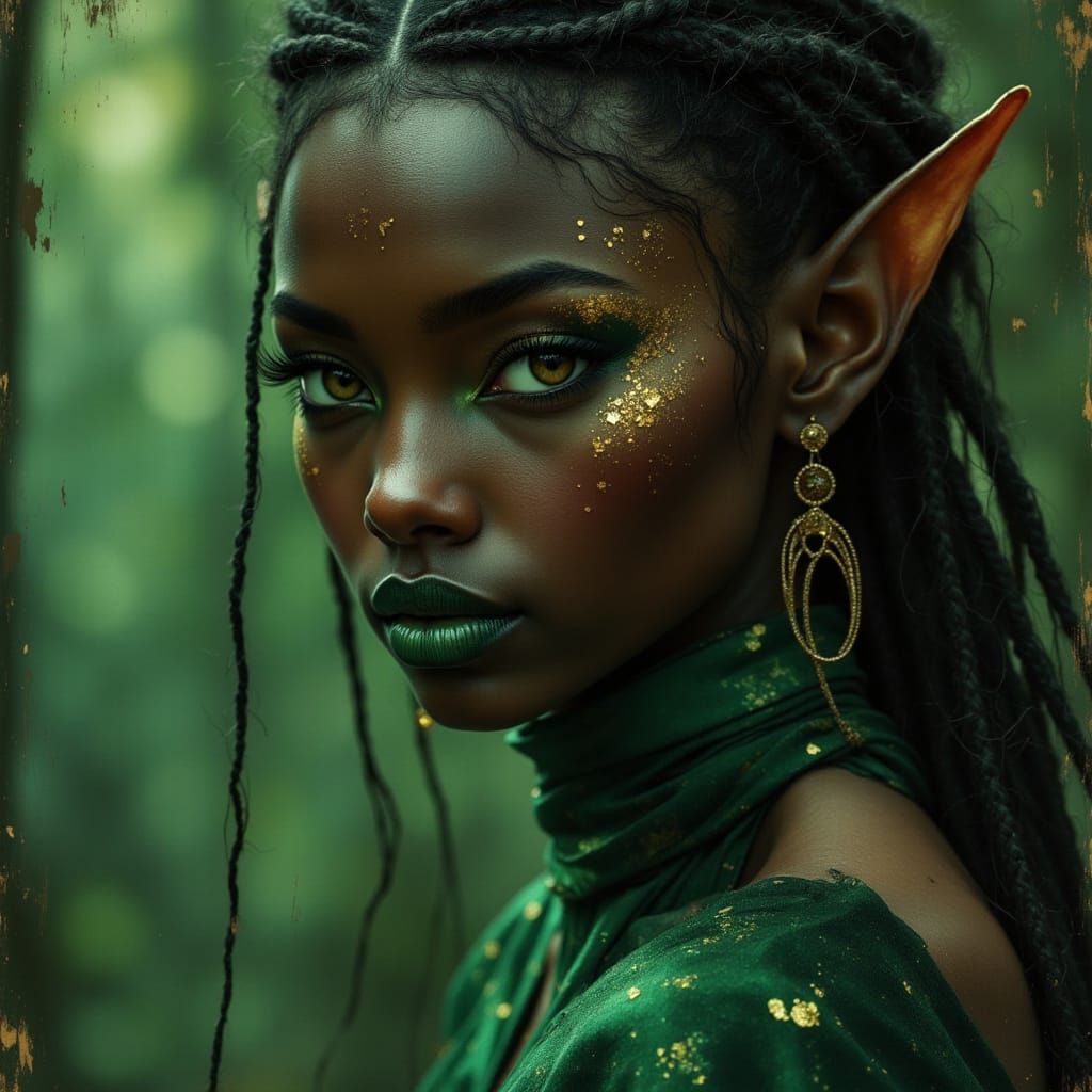 Elegant African Elven Goddess in Green Dress