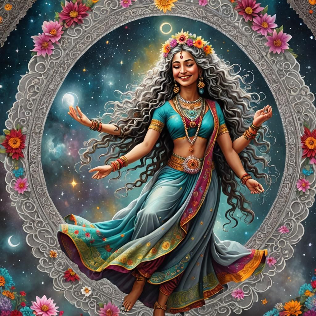 Cosmic Goddess with Flowers in Hyperrealistic Style