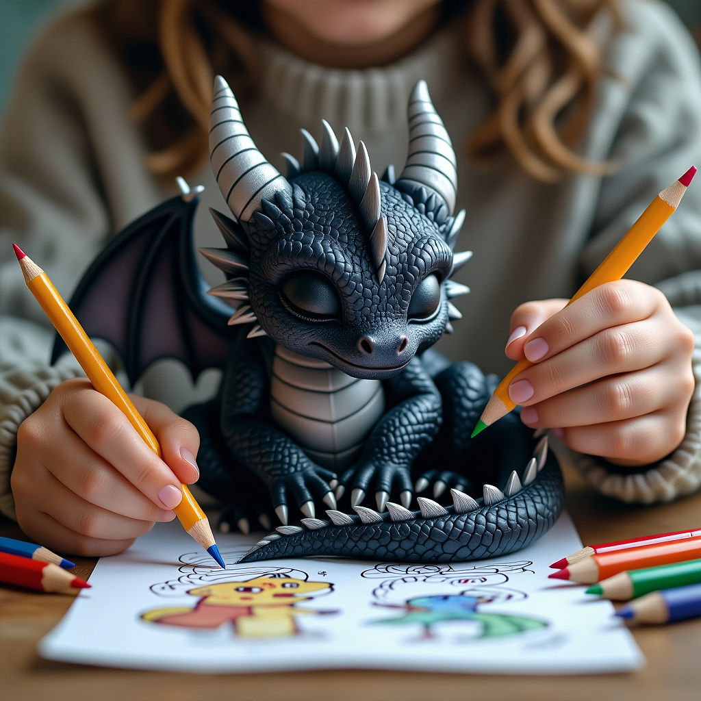 Photorealistic 3D Black Dragon Protects Coloring Pencils