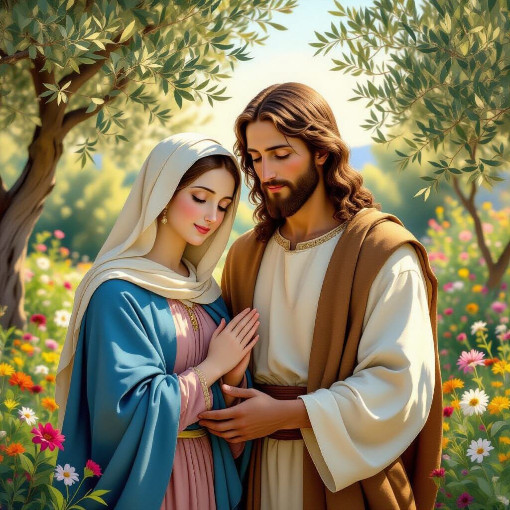 Jesus and Virgin Mary in Renaissance Garden