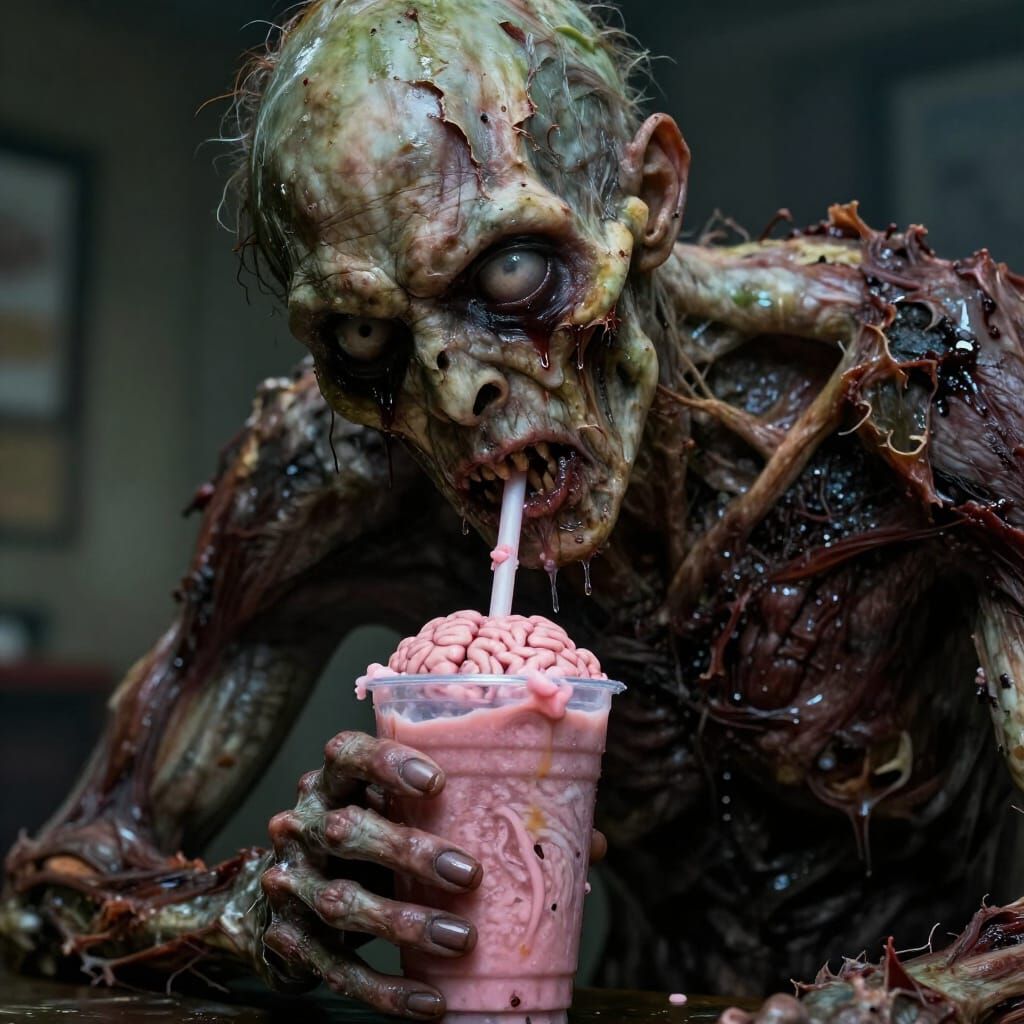 Grotesque Zombie Enjoys Fleshy Brain Smoothie