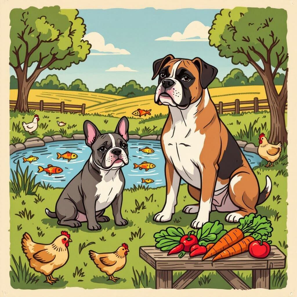 Farm Dogs and Fish Pond: Graphic Illustration