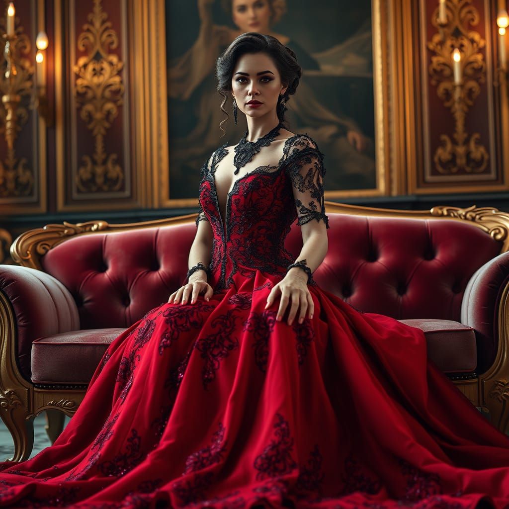 Elegant Regal Woman in Opulent Evening Gown, Velvet Sofa, an...