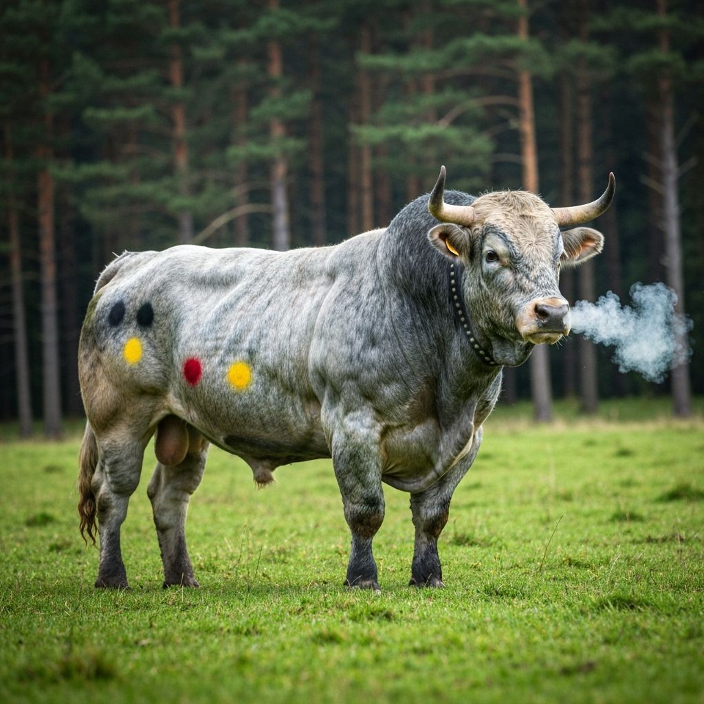 Muscular Belgian Blue Bull in Lush Meadow