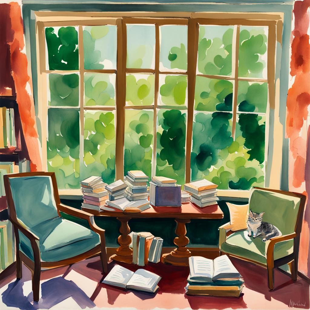 Cozy Reading Room with Kitten in Gouache Style