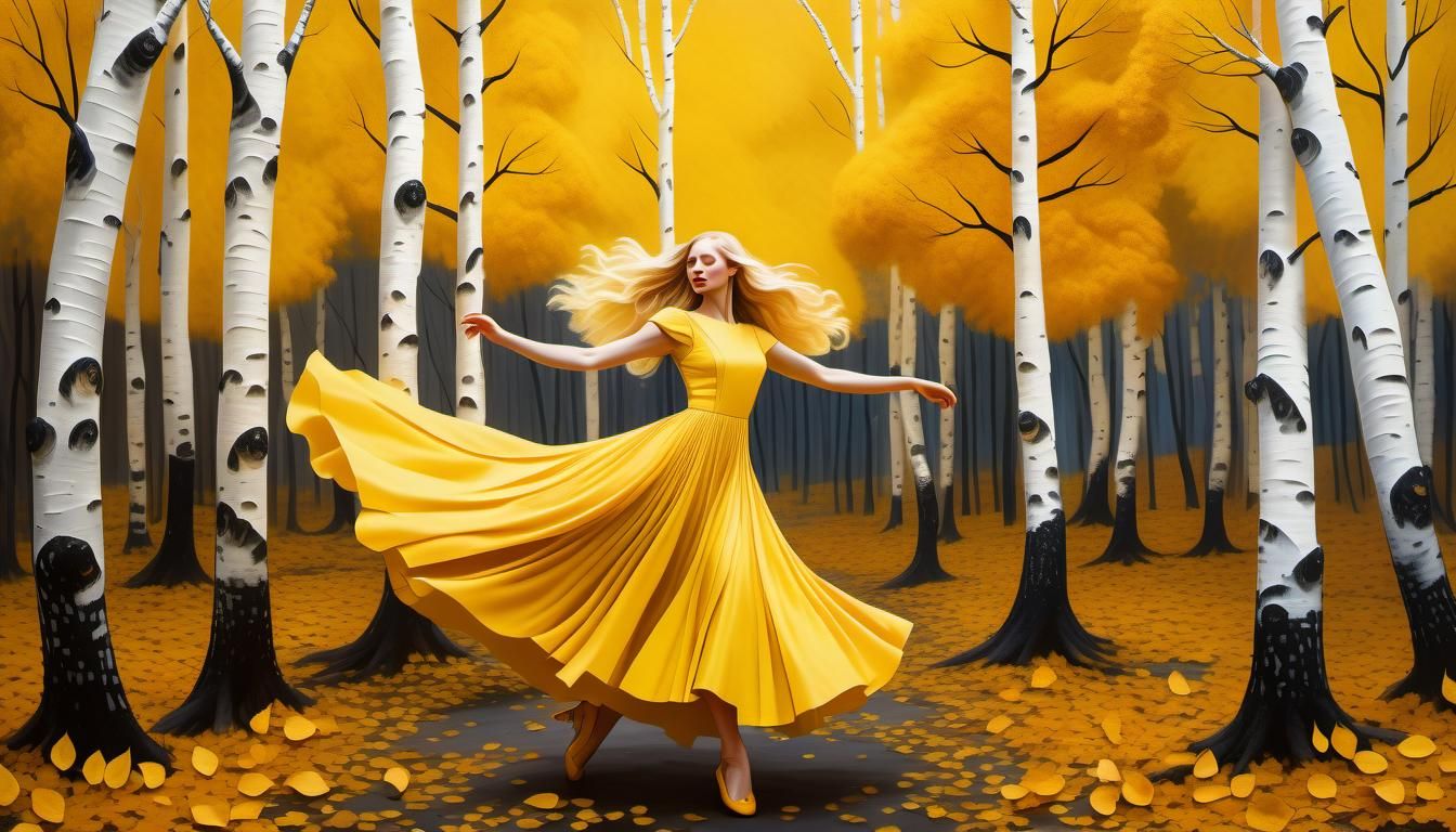 Girl Dances in Autumnal Birch Forest, Art Deco Style
