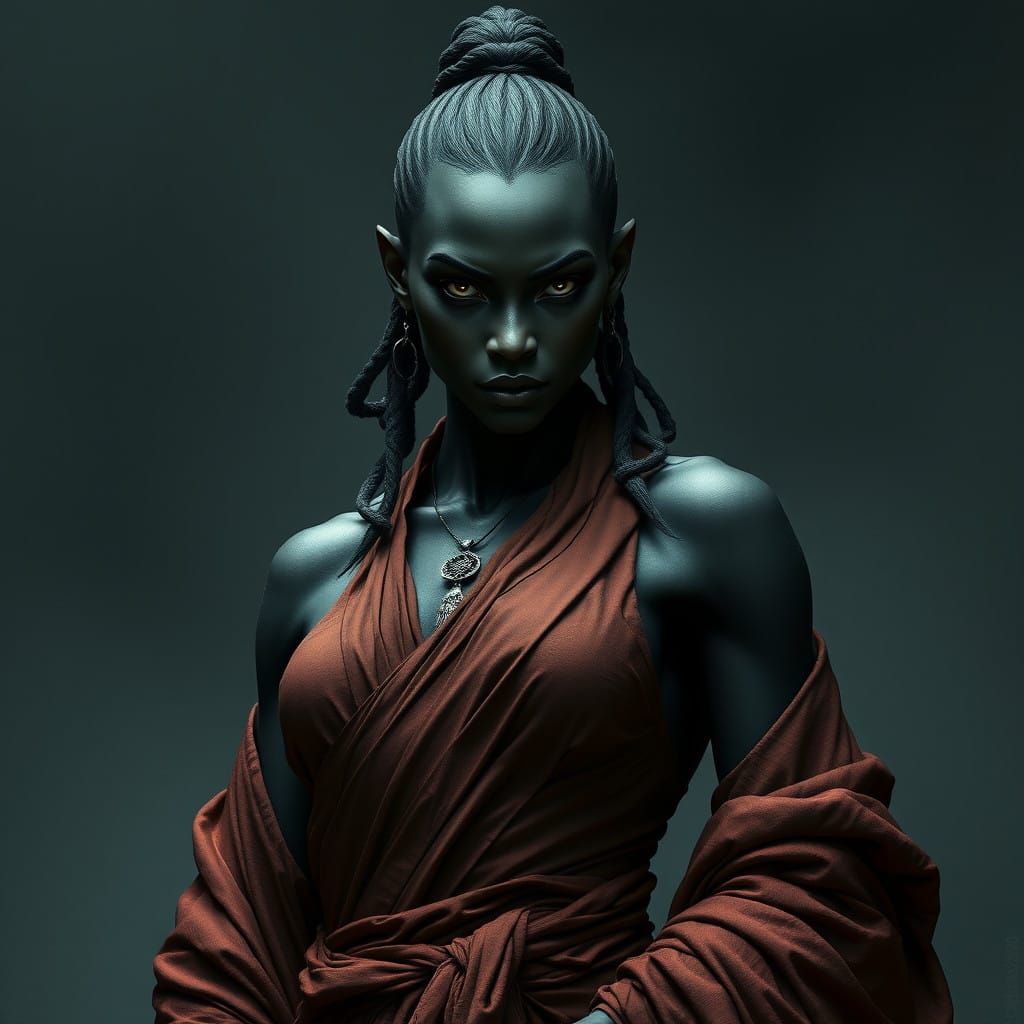 Ebony Female Monk in Intricate Robes with Dark, Serene Beaut...