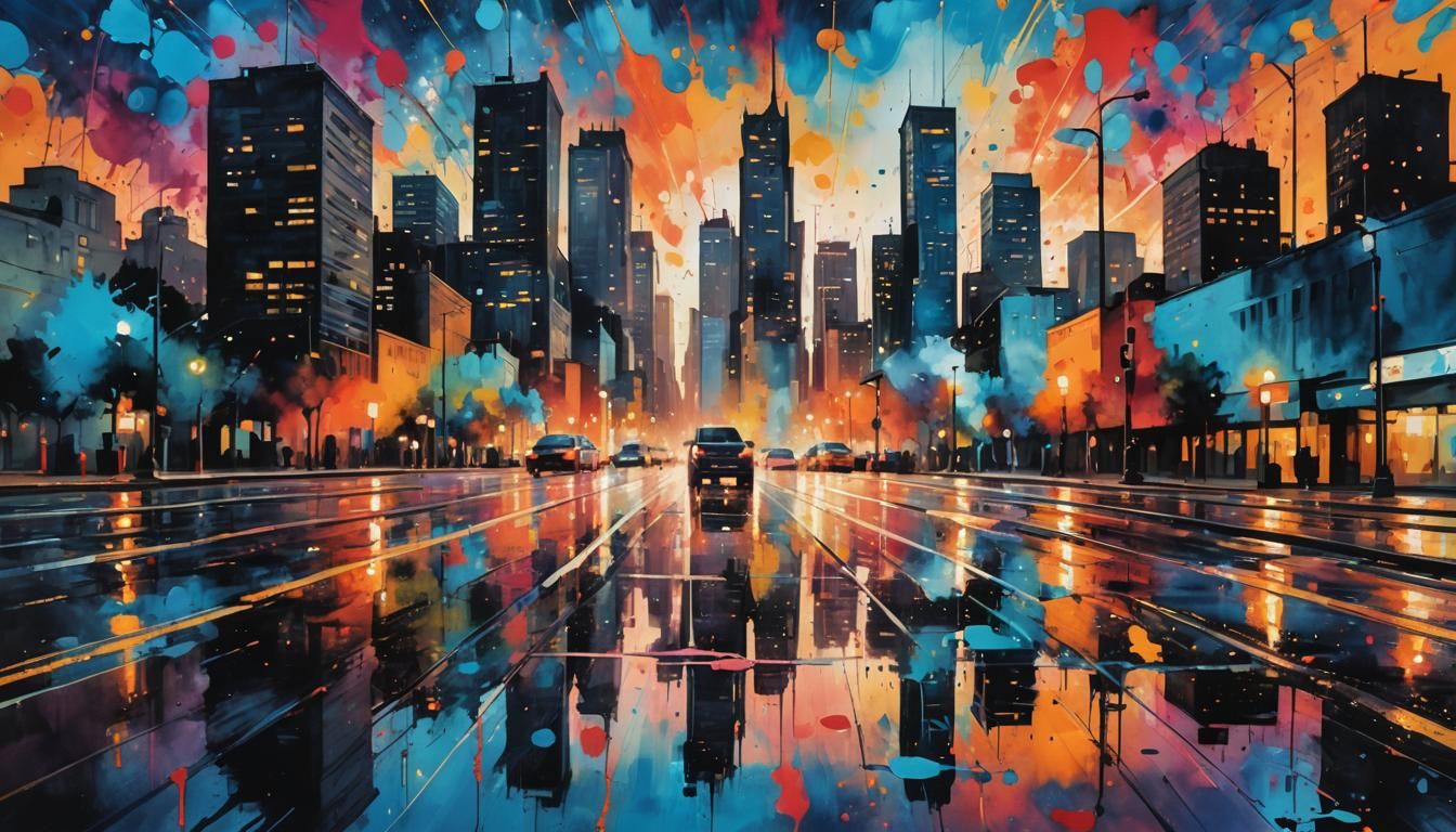 Abstract Cityscape at Dusk with Ink Splatters