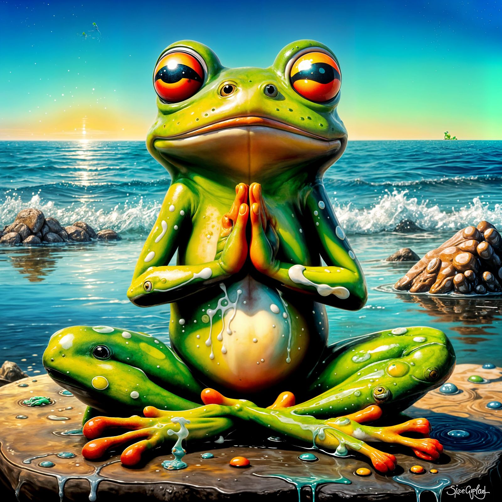 Meditative Frog on Beachfront in Graffiti Art Style