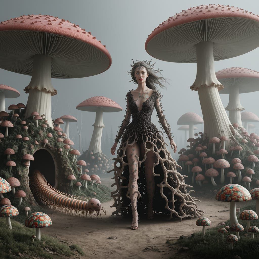 Fungal Lady in Misty Mushroom Forest Surreal Art