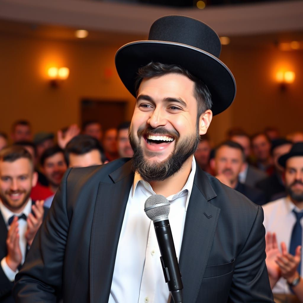 A handsome Haredi man with a magician's hat and a microphone...