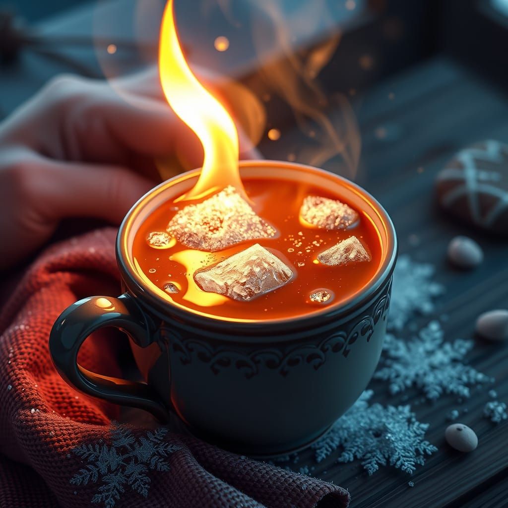 Frostfire Cocoa: Steaming Mug in Anime Art Style