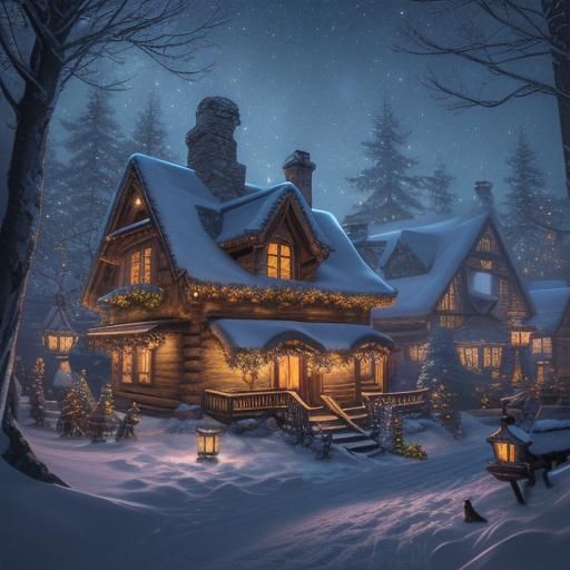 Whimsical Christmas Homestead in a Matte Painting Style