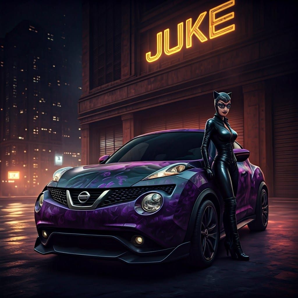Catwoman and Nissan Juke in Cyberpunk Cityscape