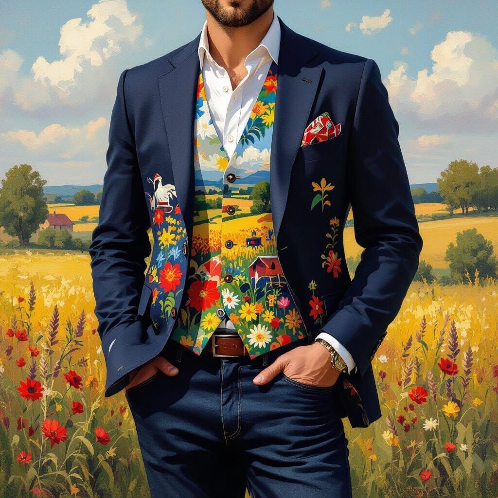 Man in Farm Print Blazer: Impressionistic Folk Art