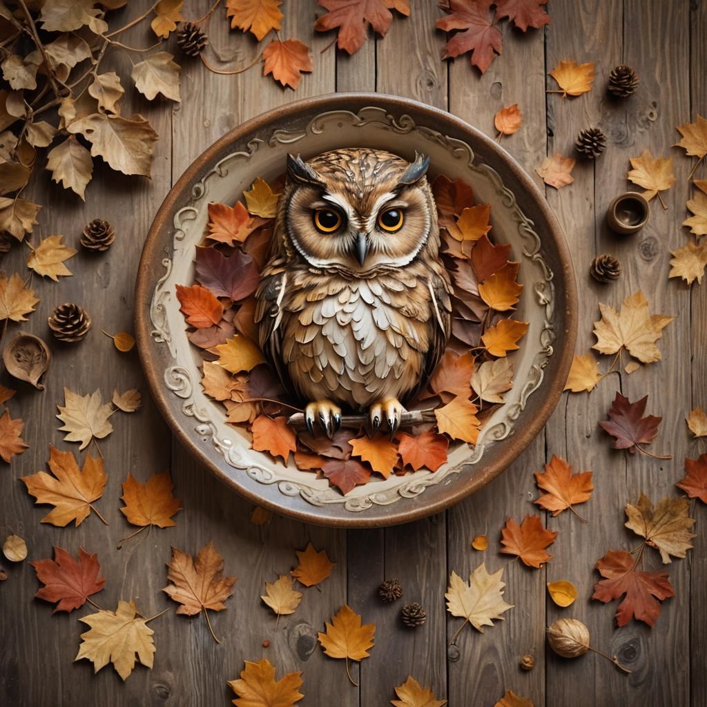 Cozy Owl Asleep in Autumnal Fantasy Scene