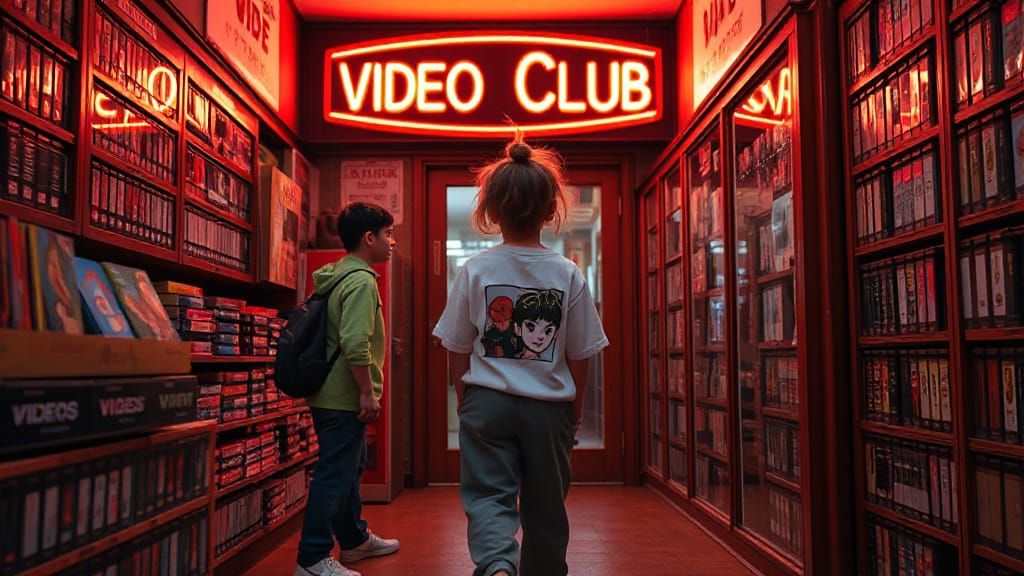 Girl Enters 90s Video Store in Hyper-Realistic Style