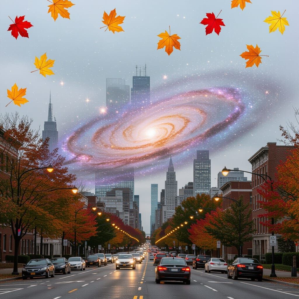 Merging Galaxy with Cityscape in Double Exposure