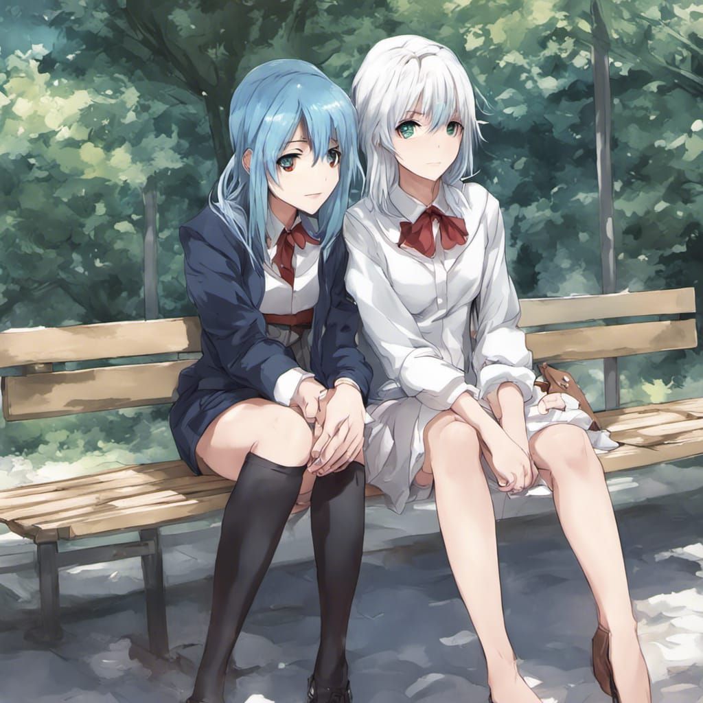 Anime Girls on a Bench in Japanese Manga Style