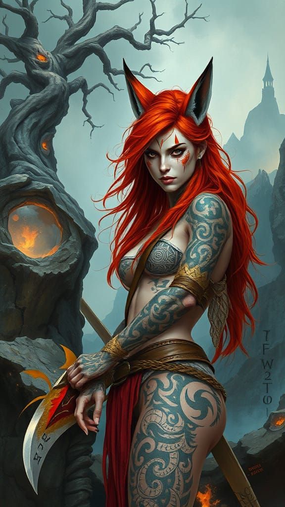 Fierce Pictish Warrior Woman in Primal Acrylic Art Landscape