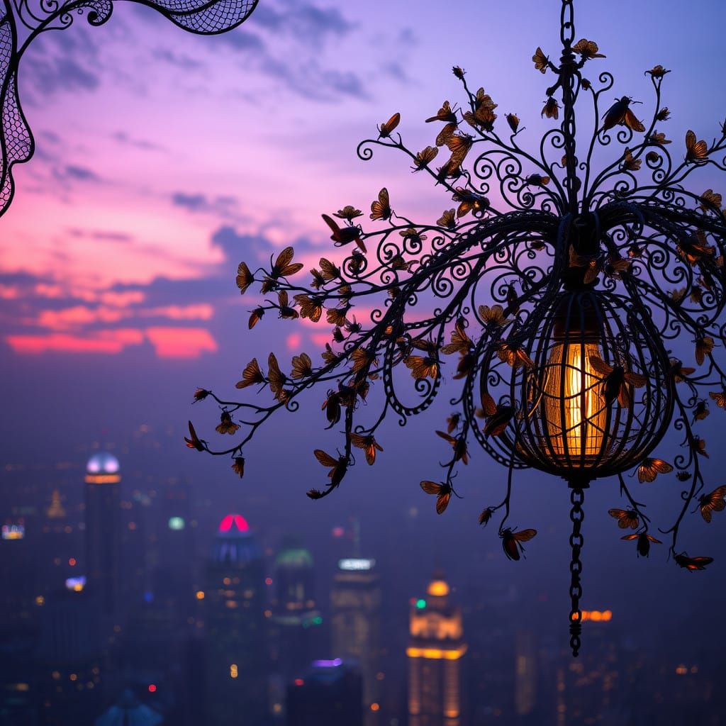 Gilded Ironwork Tapestry Blooms with Iridescent Floria under...