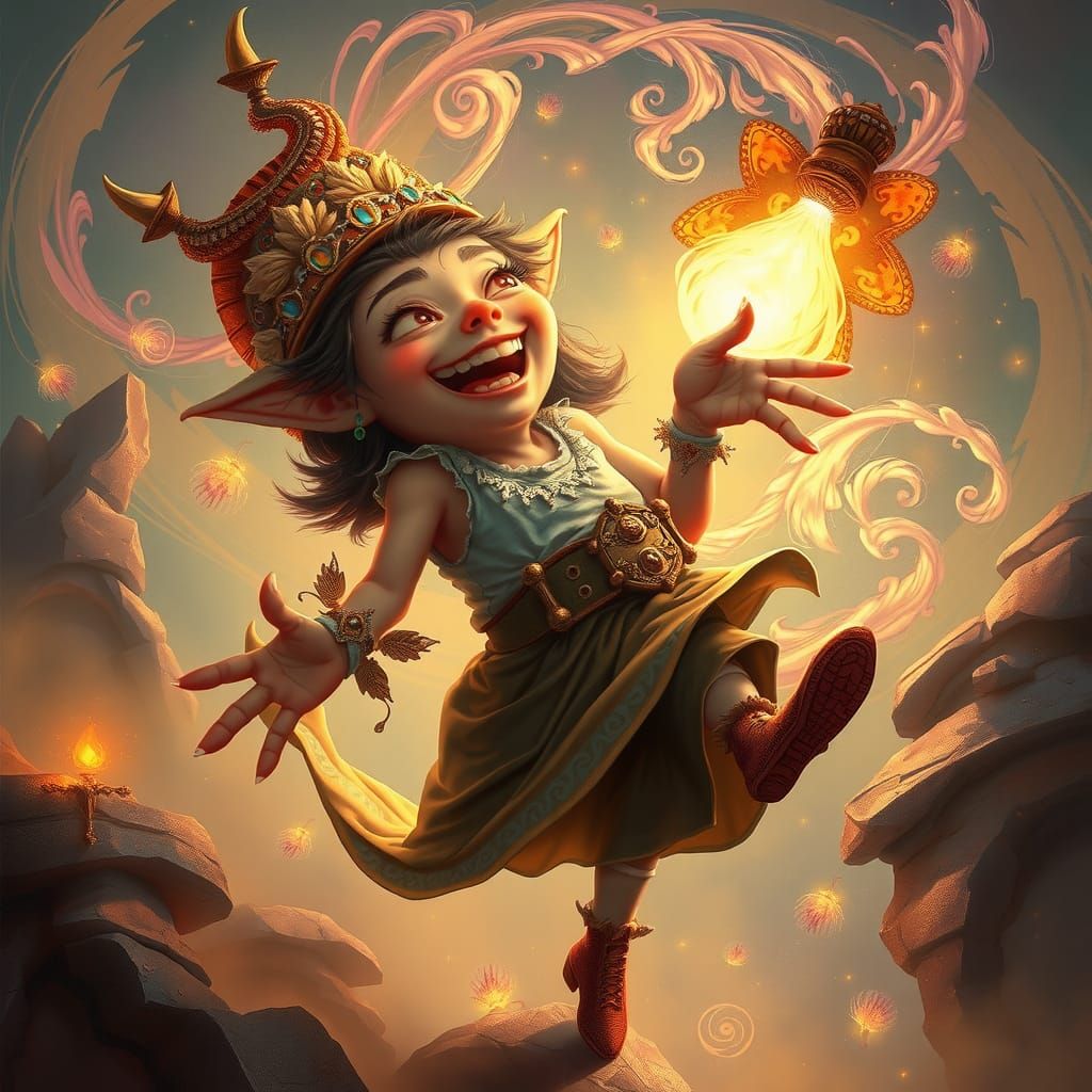 Whimsical Fantasy Character in Mystical Landscape