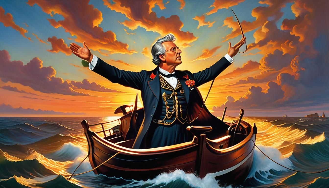 Conductor on Steer Ship at Sunset as Impasto Painting