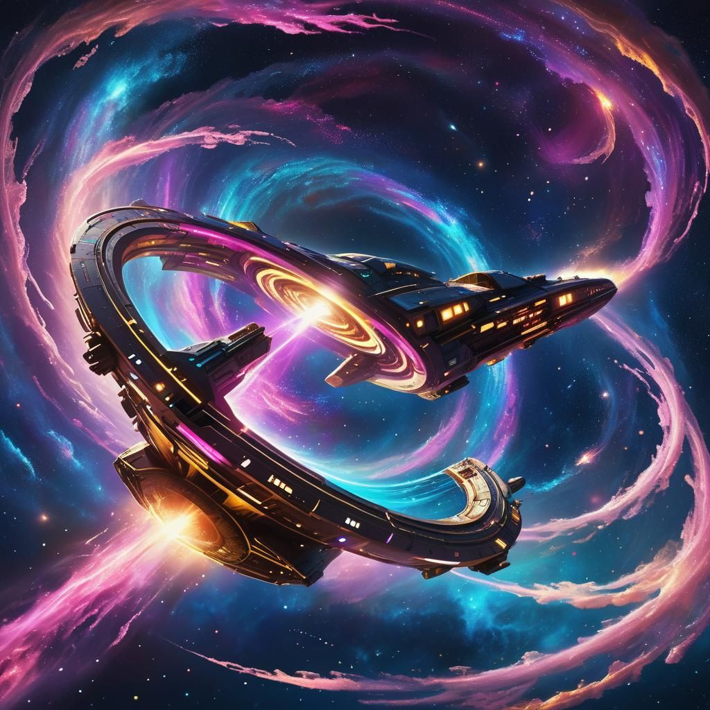 Spaceship Hurtles Through Wormhole in Vibrant Galaxy