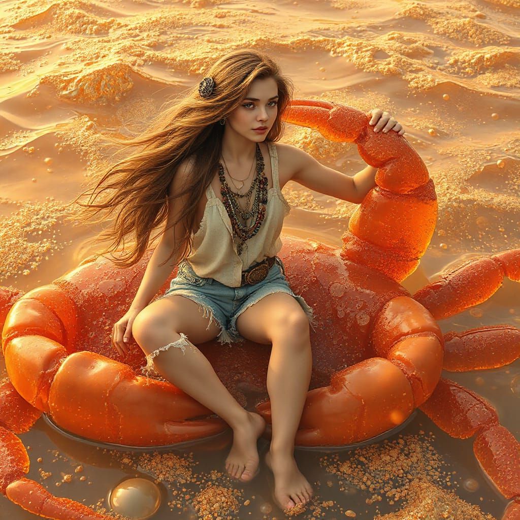 Bohemian Woman on Gummy Crab in Dreamlike Soda Sea