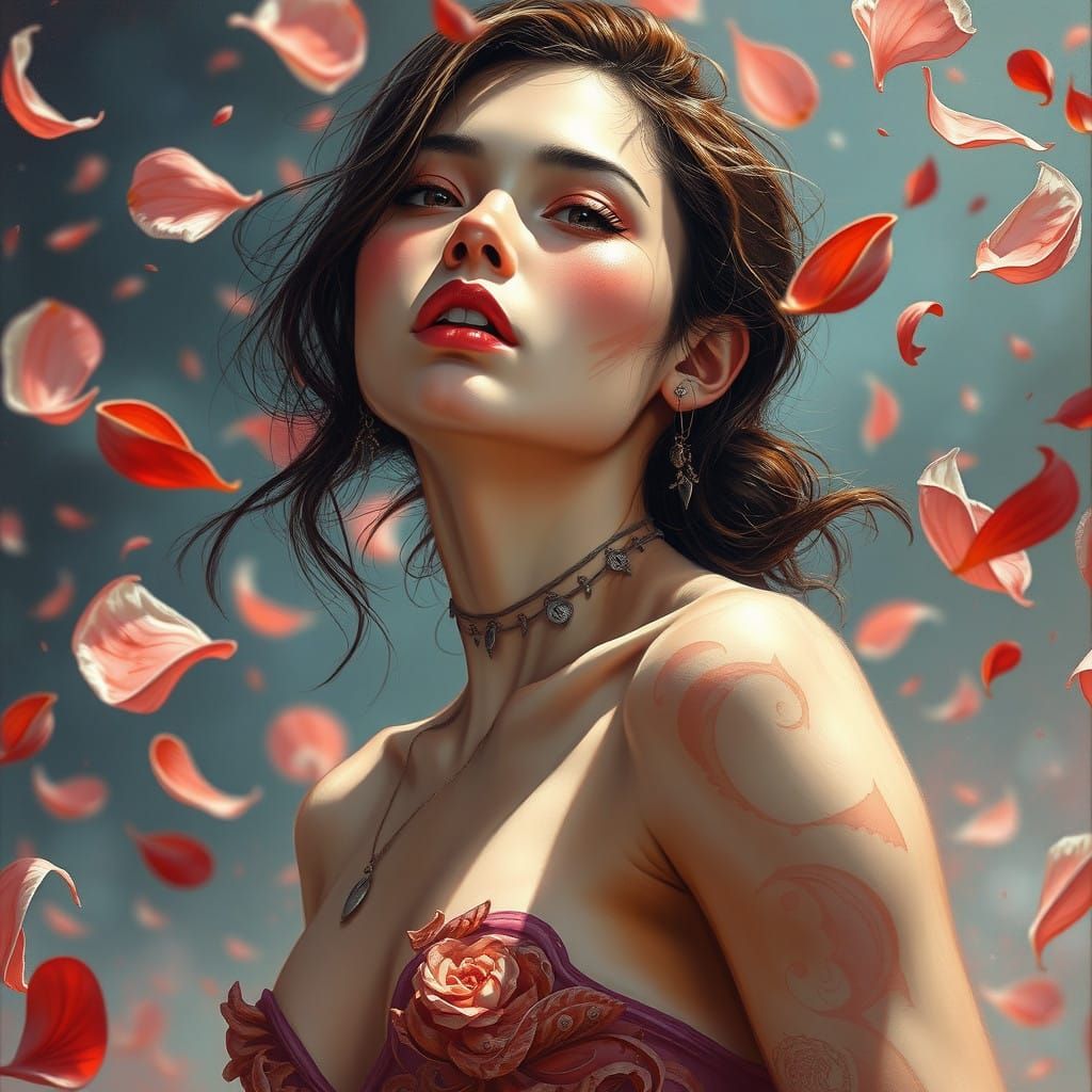 Surreal Fantasy Goddess Emerging from Falling Petals