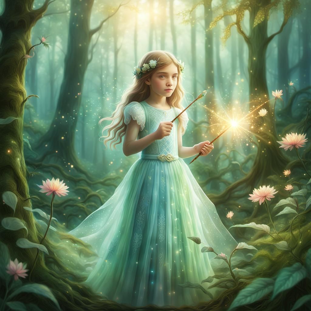 Whimsical Young Fantasy Girl with Wand in a Lush Forest