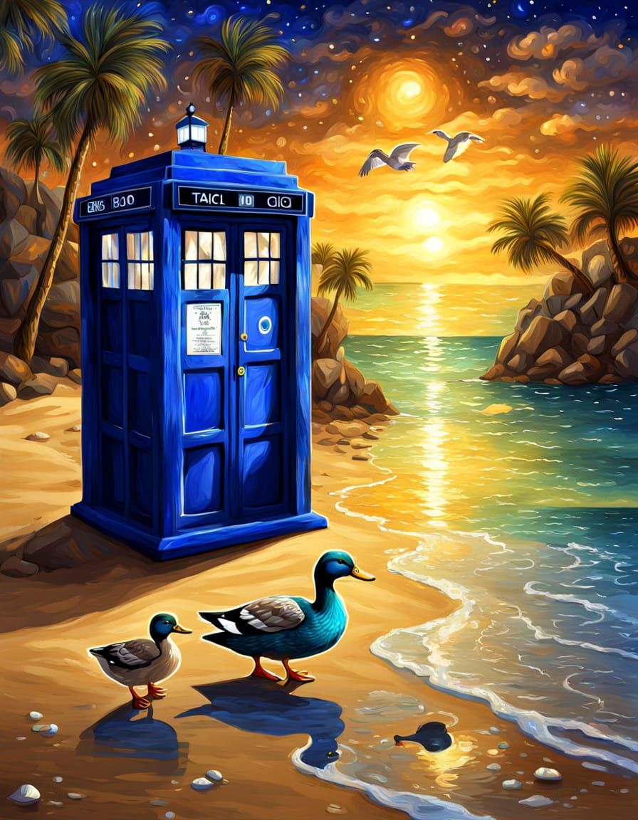 Tardis Beach Holiday with Duck in Digital Painting