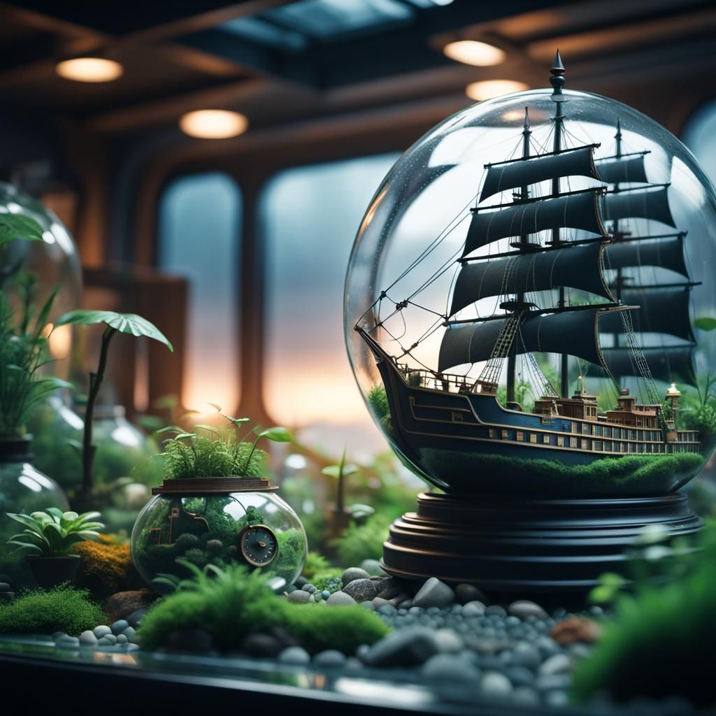 Ship in Terrarium Clock: 3D Hyperrealistic Render