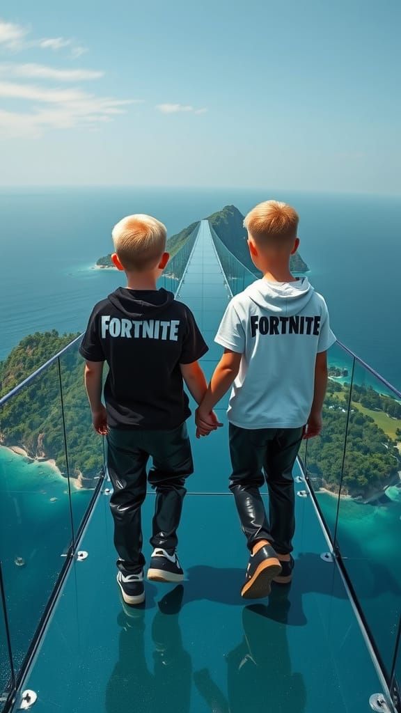 Two Boys Walk Hand in Hand Across a Glass Bridge